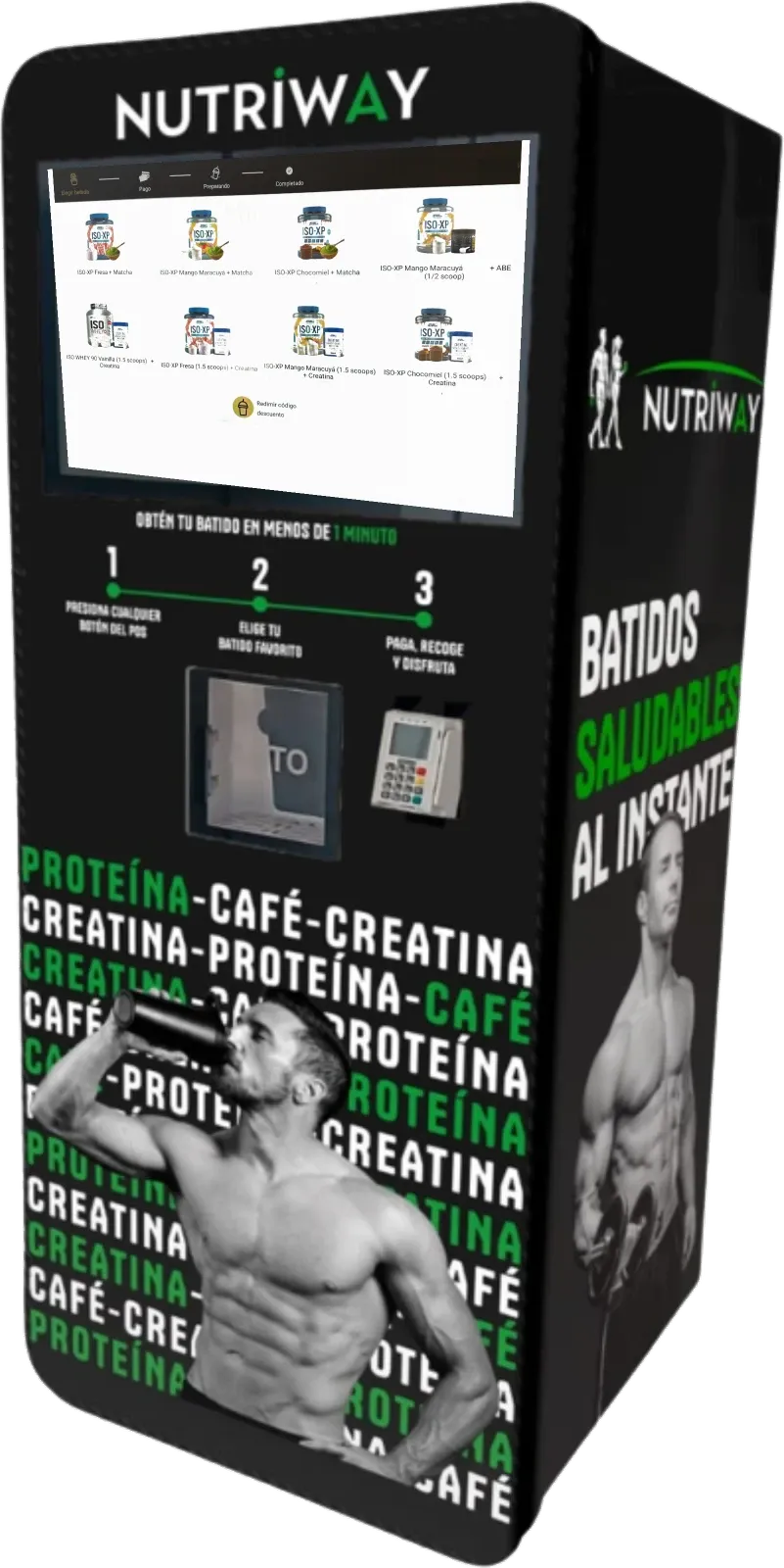 Máquina expendedora Nutriway con pantalla táctil, terminal de pago y vinilo de marca